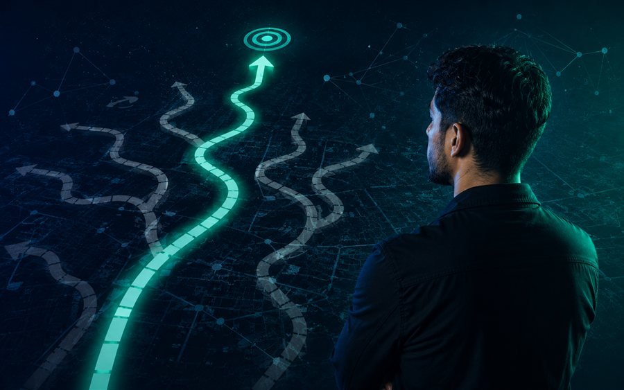 Hombre observando distintos caminos hacia una meta, representando la falta de rumbo en una estrategia digital